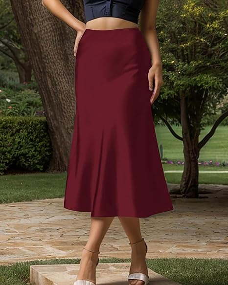Women's Satin High Waist Hidden Elasticized Waistband Flared Casual A Line Midi Skirt